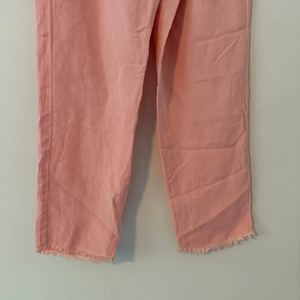 ZARA Linen Blend Smocked Waist Raw Hem Straight Leg Trousers Peach Womens Size M